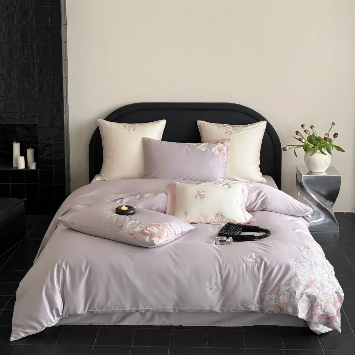 Bedding Set Satin Floral Relief Embroidery 4 Piece