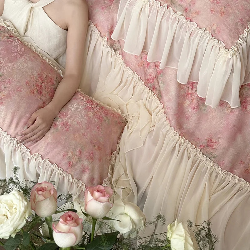Bedding Set Satin Floral Watercolor & Chiffon Ruffle 4-Piece