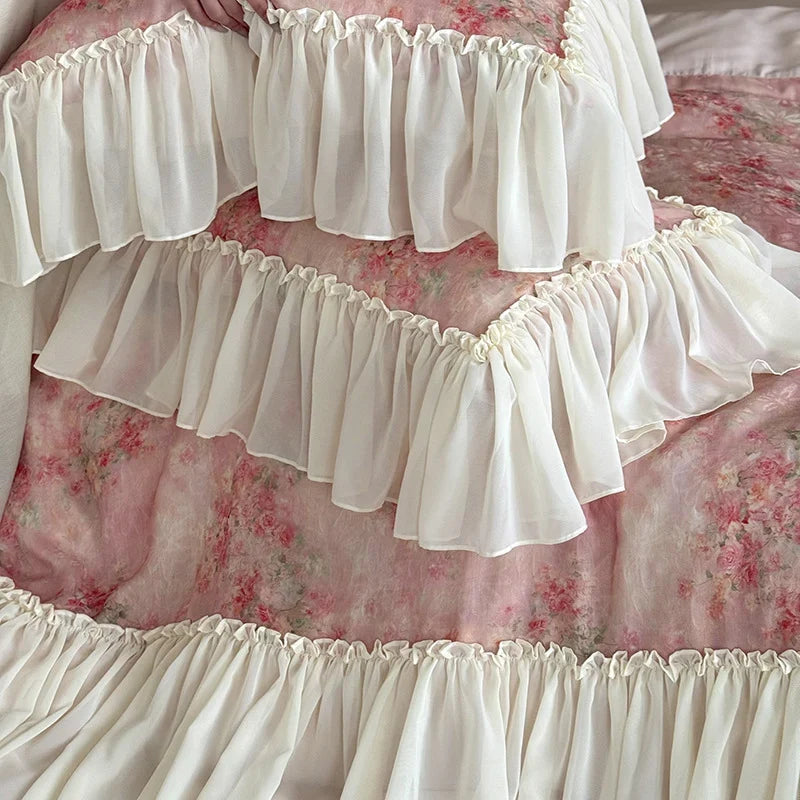 Bedding Set Satin Floral Watercolor & Chiffon Ruffle 4-Piece