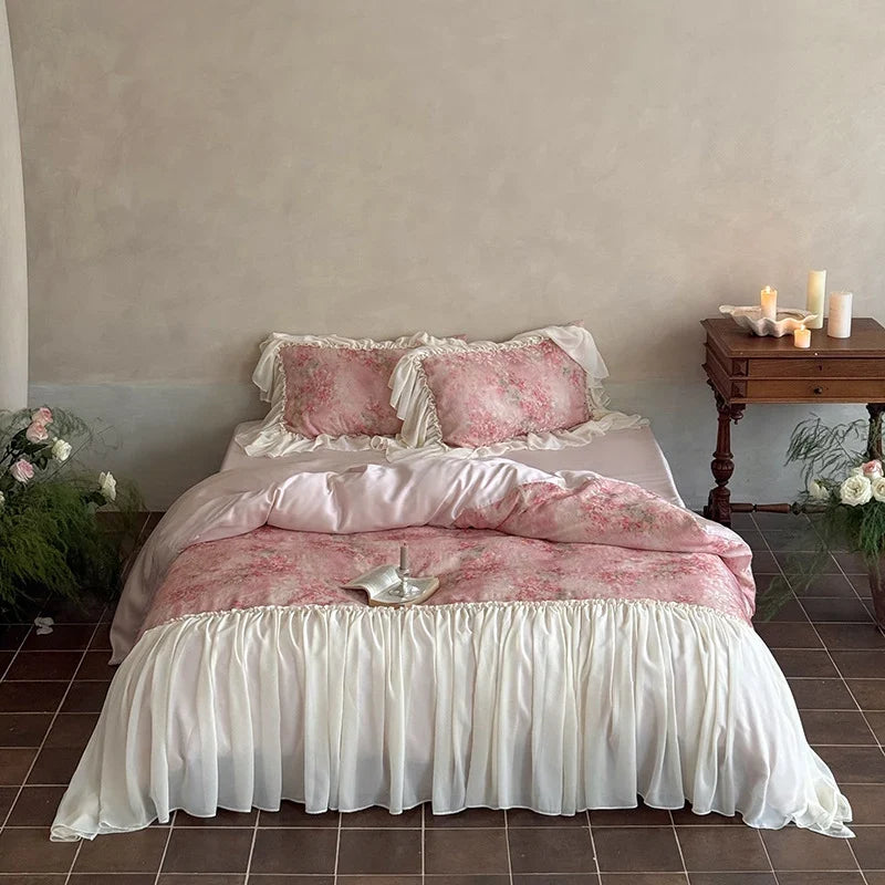 Bedding Set Satin Floral Watercolor & Chiffon Ruffle 4-Piece