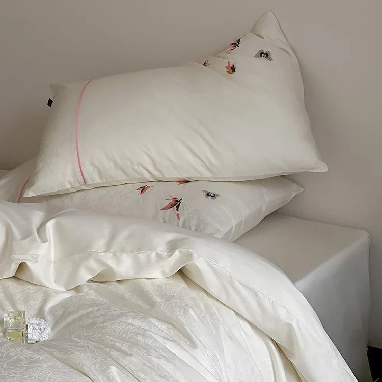 Bedding Set Satin Jacquard Embroidered Butterflies 4 Piece