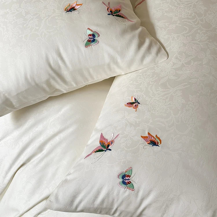 Bedding Set Satin Jacquard Embroidered Butterflies 4 Piece