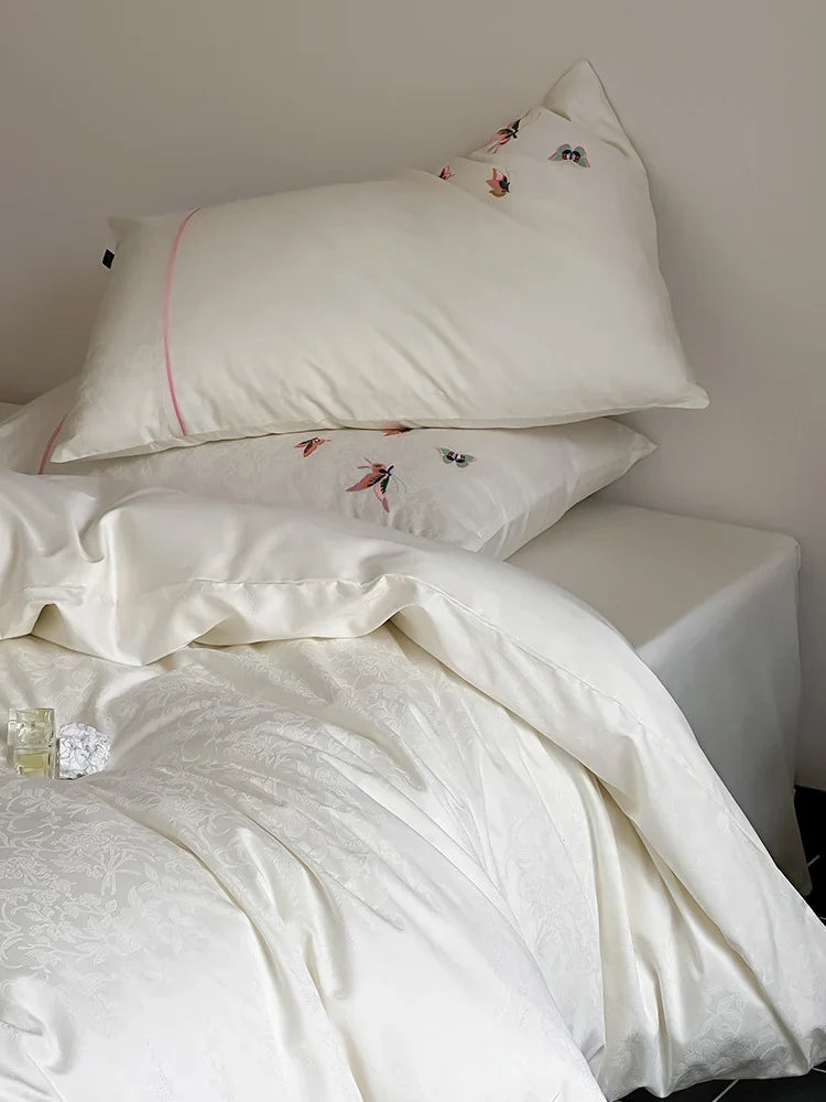 Bedding Set Satin Jacquard Embroidered Butterflies 4 Piece