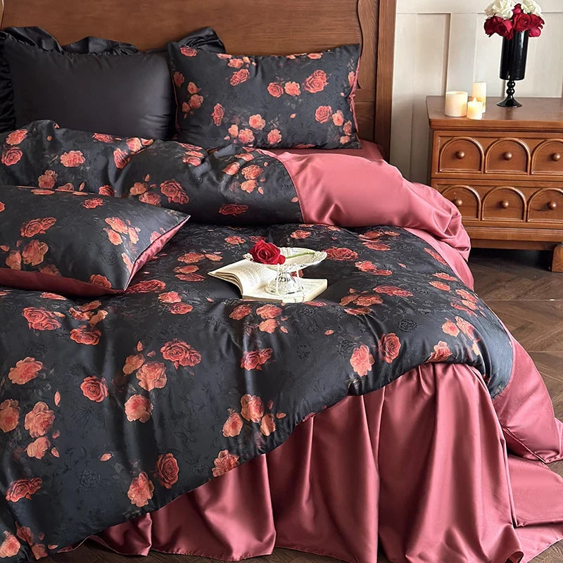 Bedding Set Satin Reversible Rose Print Wrinkle-Resistant
