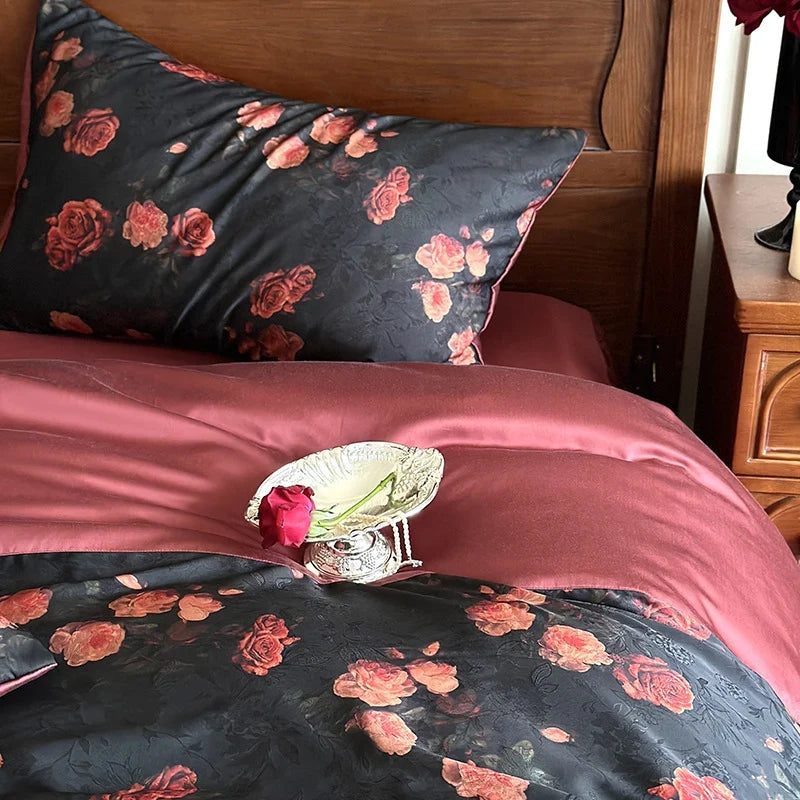 Bedding Set Satin Reversible Rose Print Wrinkle-Resistant