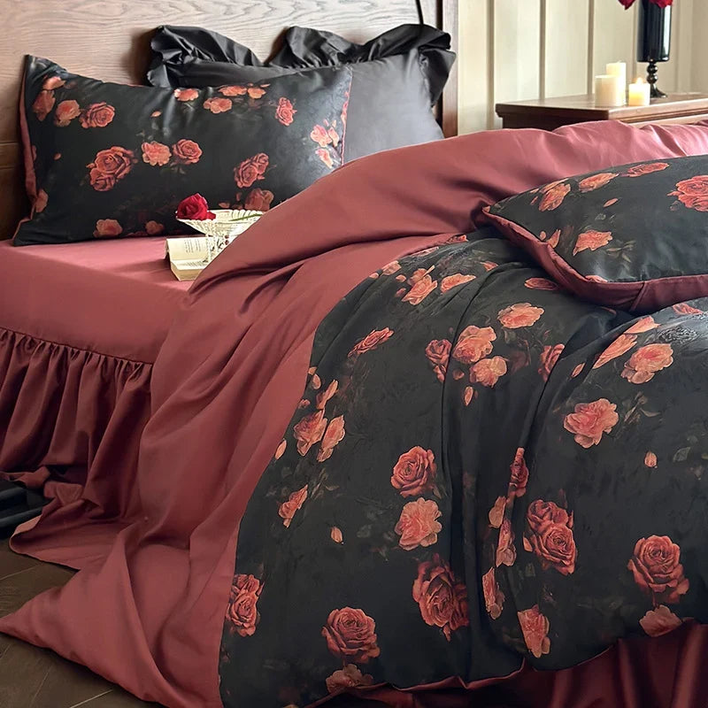 Bedding Set Satin Reversible Rose Print Wrinkle-Resistant