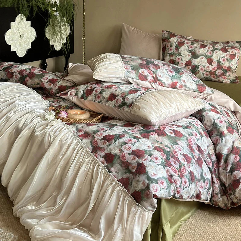 Bedding Set Satin Rose Pattern & Gathered Bed Skirt