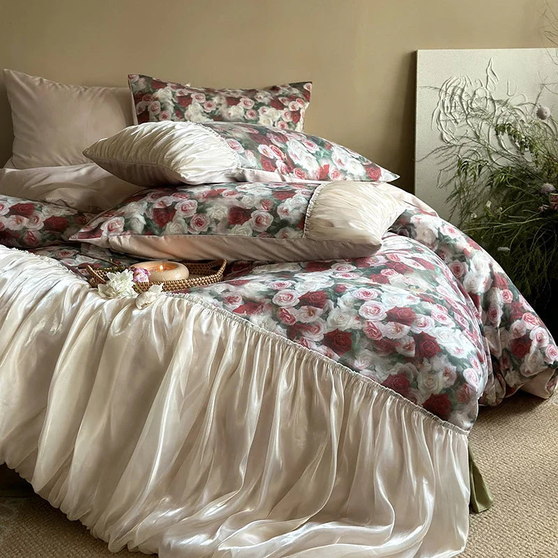 Bedding Set Satin Rose Pattern & Gathered Bed Skirt