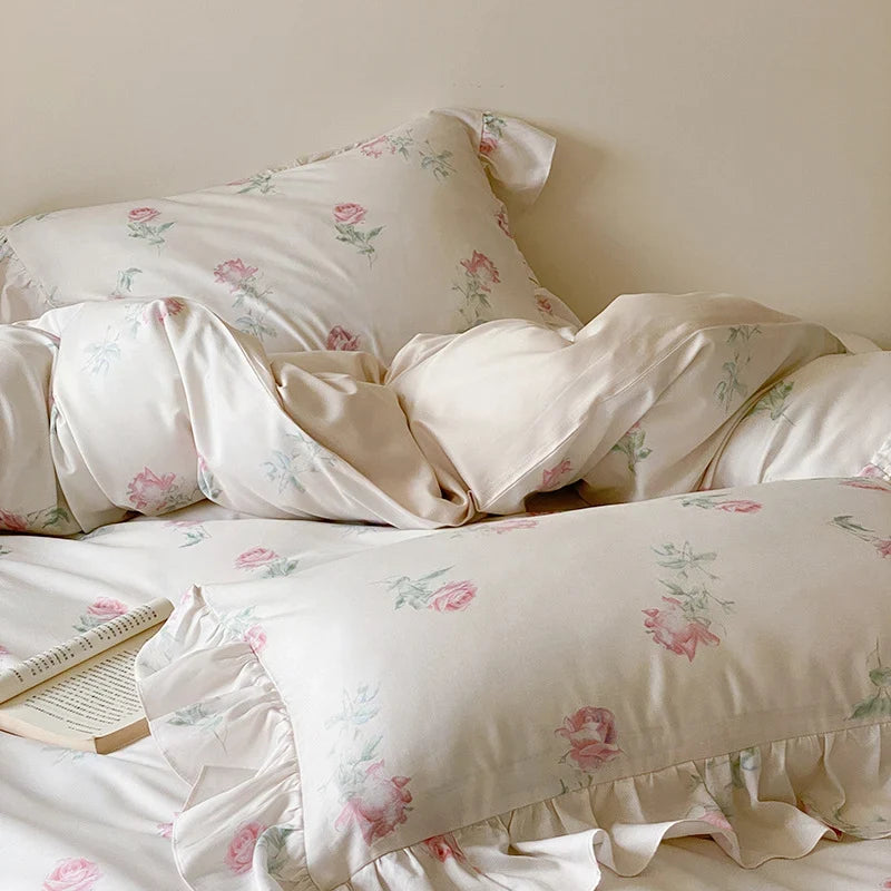 Bedding Set Satin Rose Print Ruffled Hem 4 Piece