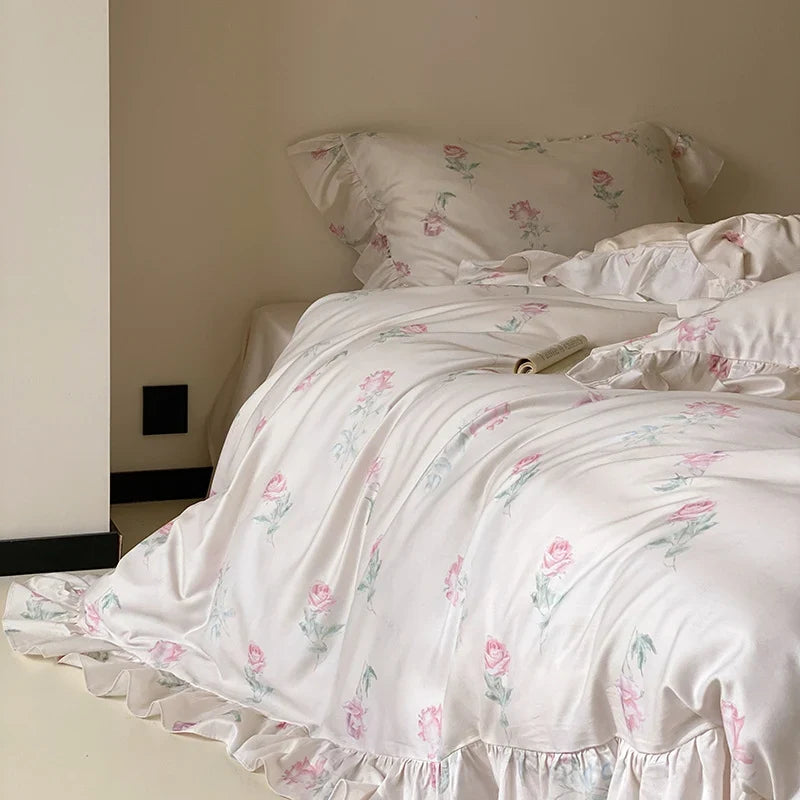 Bedding Set Satin Rose Print Ruffled Hem 4 Piece