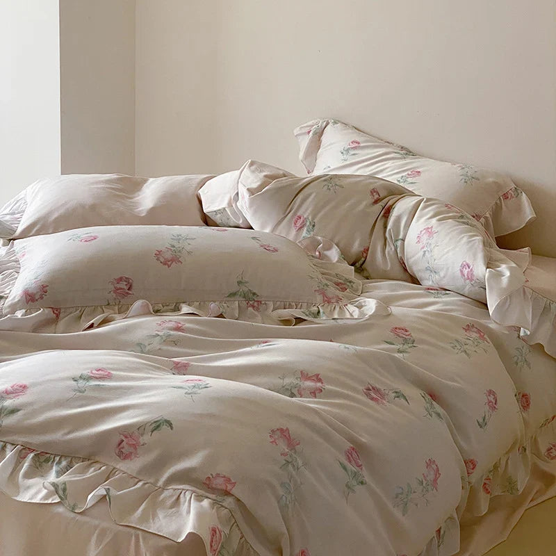 Bedding Set Satin Rose Print Ruffled Hem 4 Piece