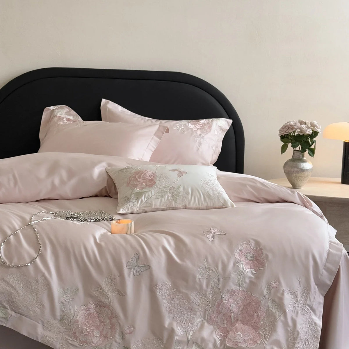 Bedding Set Satin Silk-Soft Floral Embroidery 4-Piece