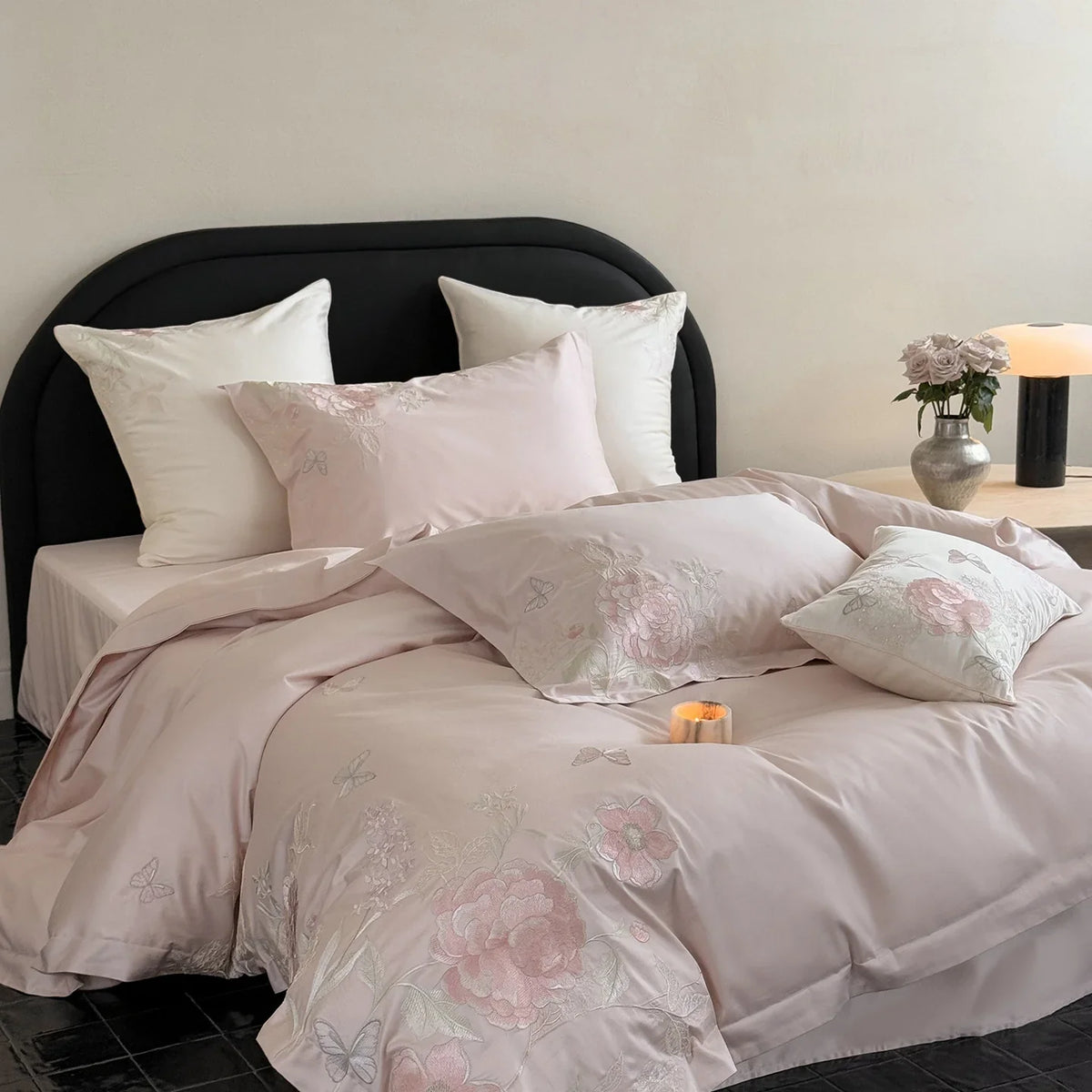 Bedding Set Satin Silk-Soft Floral Embroidery 4-Piece