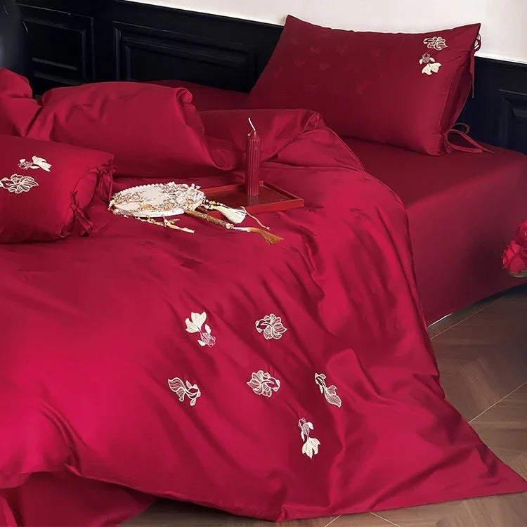 Bedding Set Satin Temperature-Regulating Floral Embroidery 4-Piece