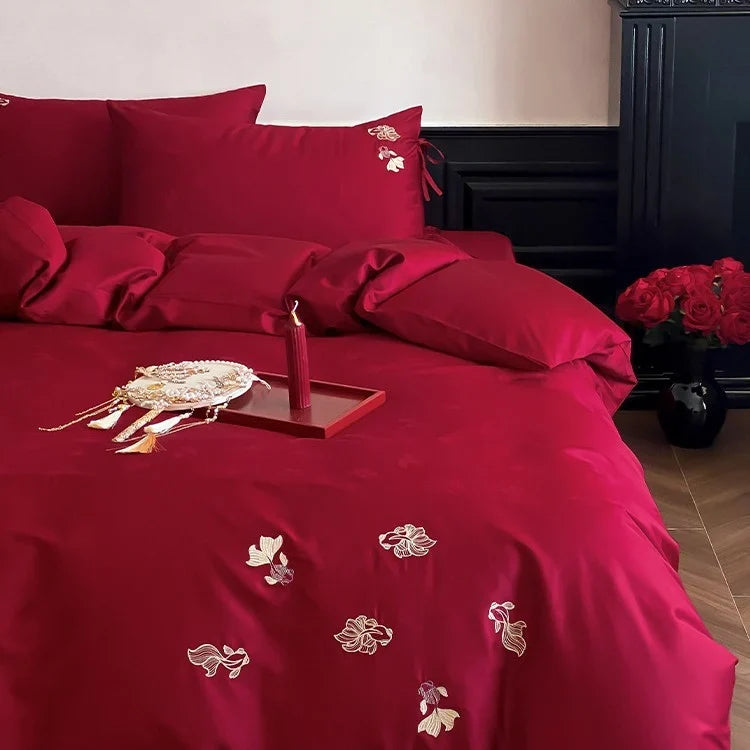 Bedding Set Satin Temperature-Regulating Floral Embroidery 4-Piece