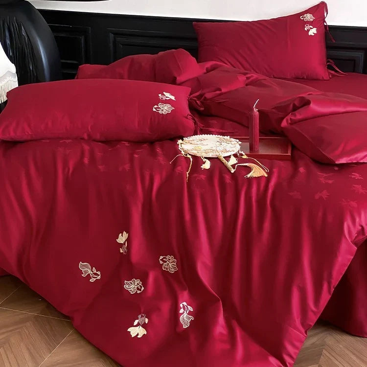 Bedding Set Satin Temperature-Regulating Floral Embroidery 4-Piece