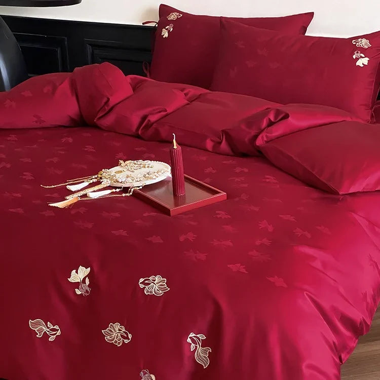 Bedding Set Satin Temperature-Regulating Floral Embroidery 4-Piece