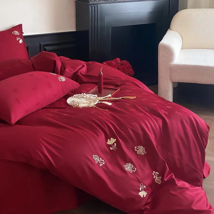 Bedding Set Satin Temperature-Regulating Floral Embroidery 4-Piece