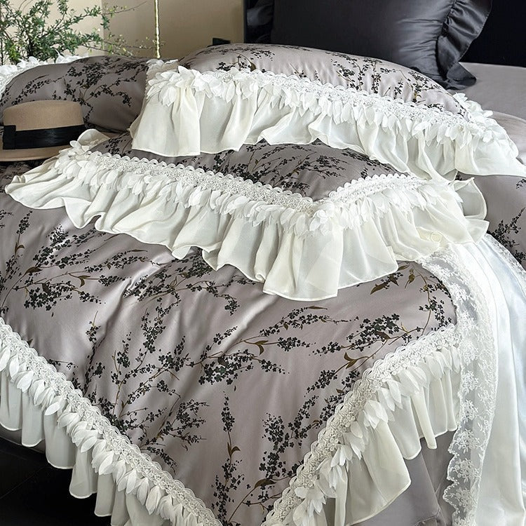 Bedding Set Silky Satin 4-Piece Floral & Lace Trim