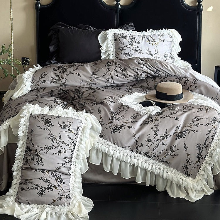 Bedding Set Silky Satin 4-Piece Floral & Lace Trim