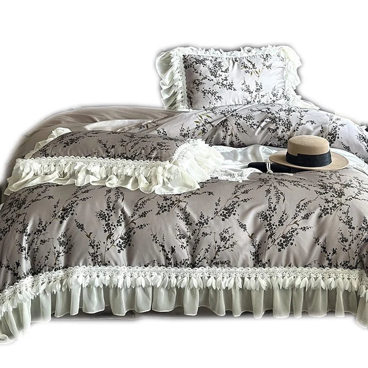 Bedding Set Silky Satin 4-Piece Floral & Lace Trim