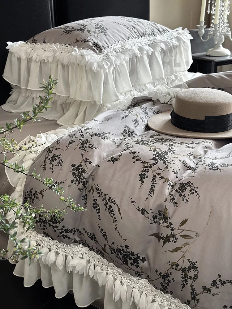 Bedding Set Silky Satin 4-Piece Floral & Lace Trim