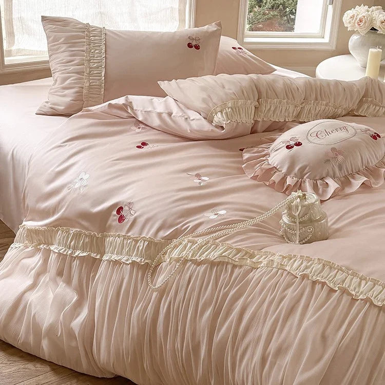 Bedding Set Silky Satin Cherry Embroidery & Gathered Ruffle