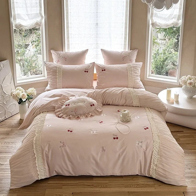 Bedding Set Silky Satin Cherry Embroidery & Gathered Ruffle