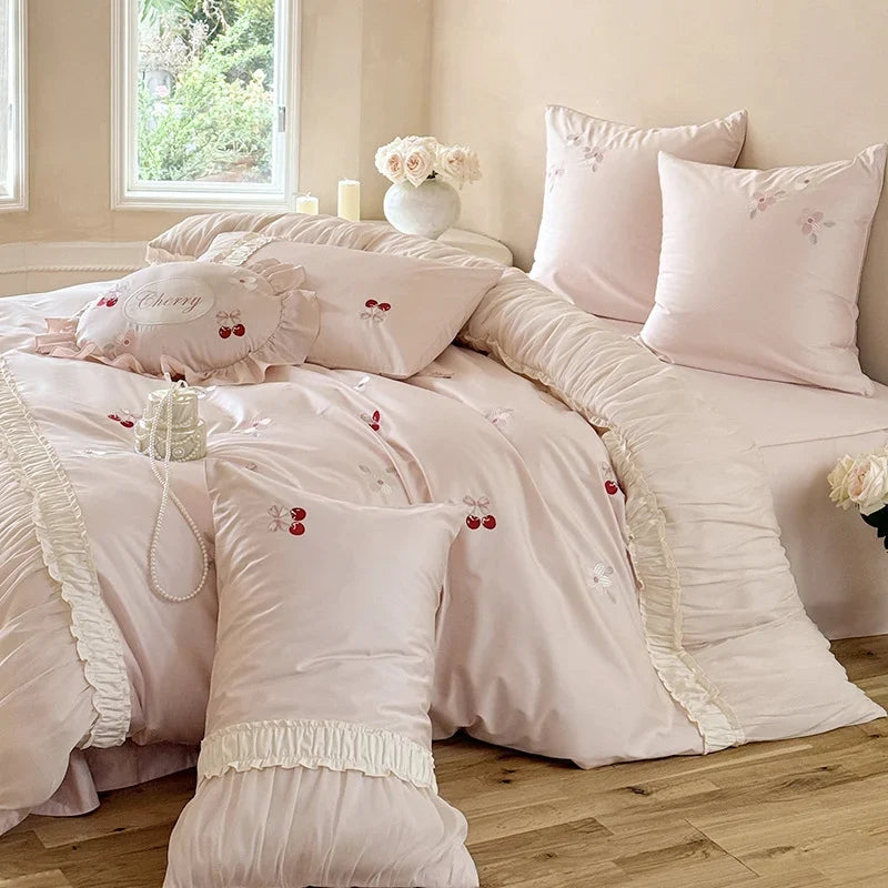Bedding Set Silky Satin Cherry Embroidery & Gathered Ruffle