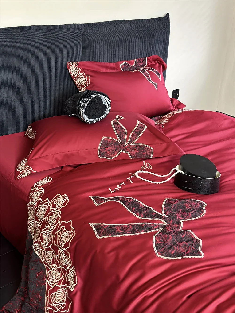 Bedding Set Silky Satin Embroidered Rose & Bow