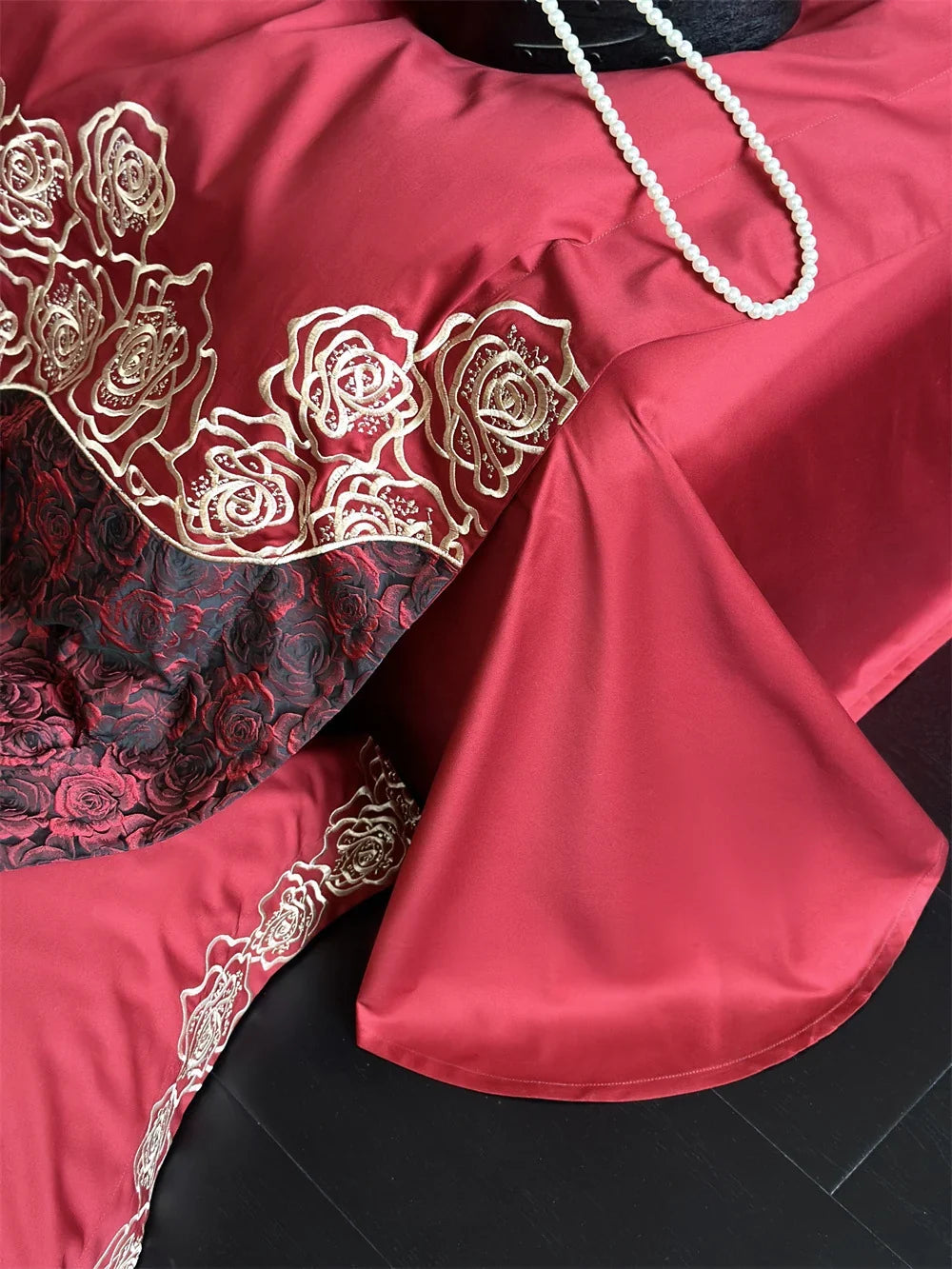 Bedding Set Silky Satin Embroidered Rose & Bow