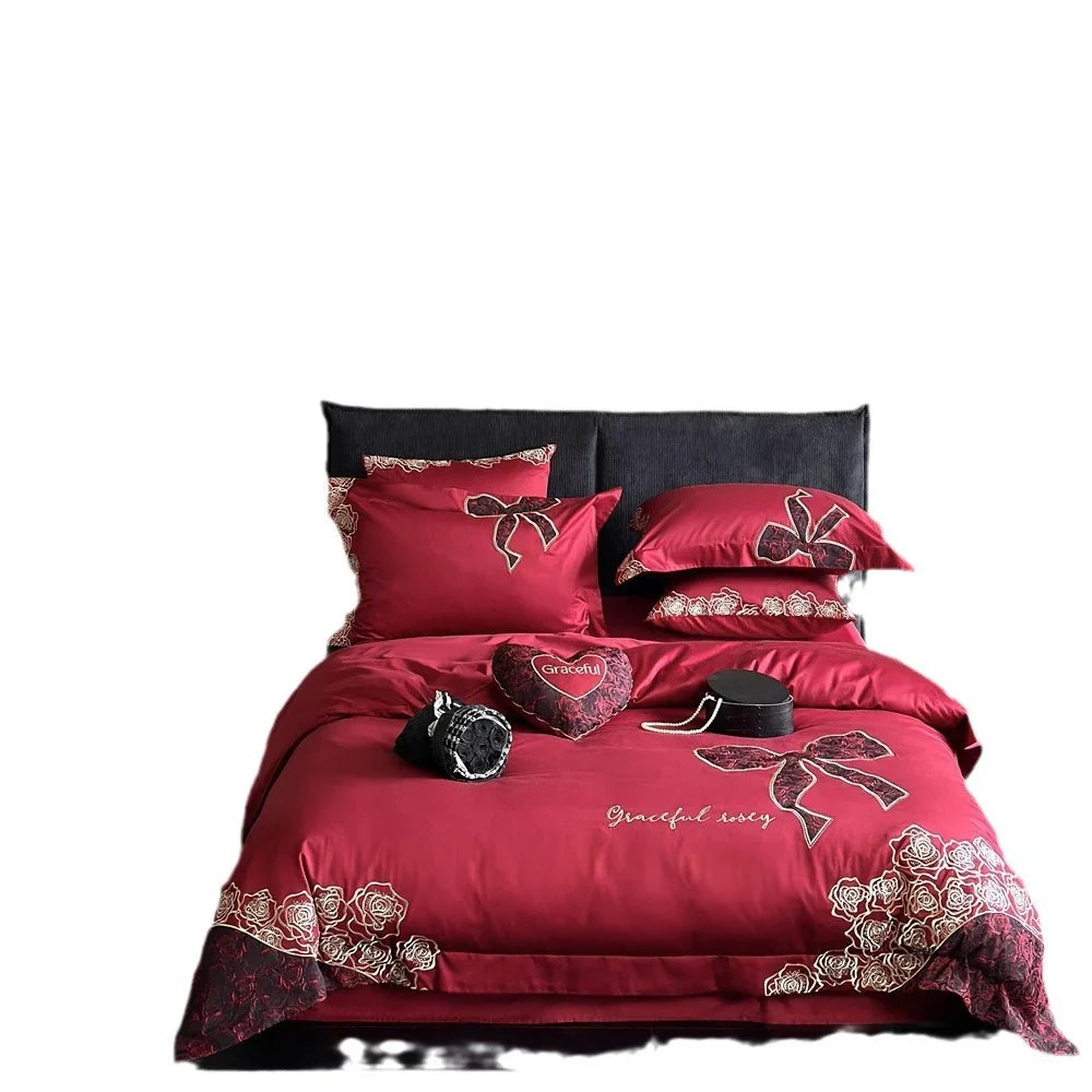 Bedding Set Silky Satin Embroidered Rose & Bow