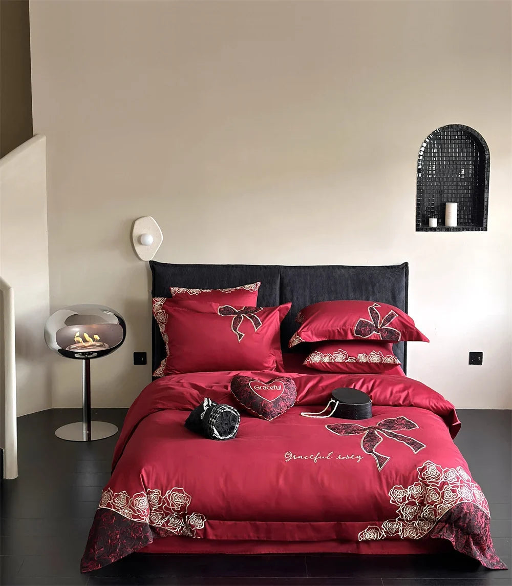 Bedding Set Silky Satin Embroidered Rose & Bow