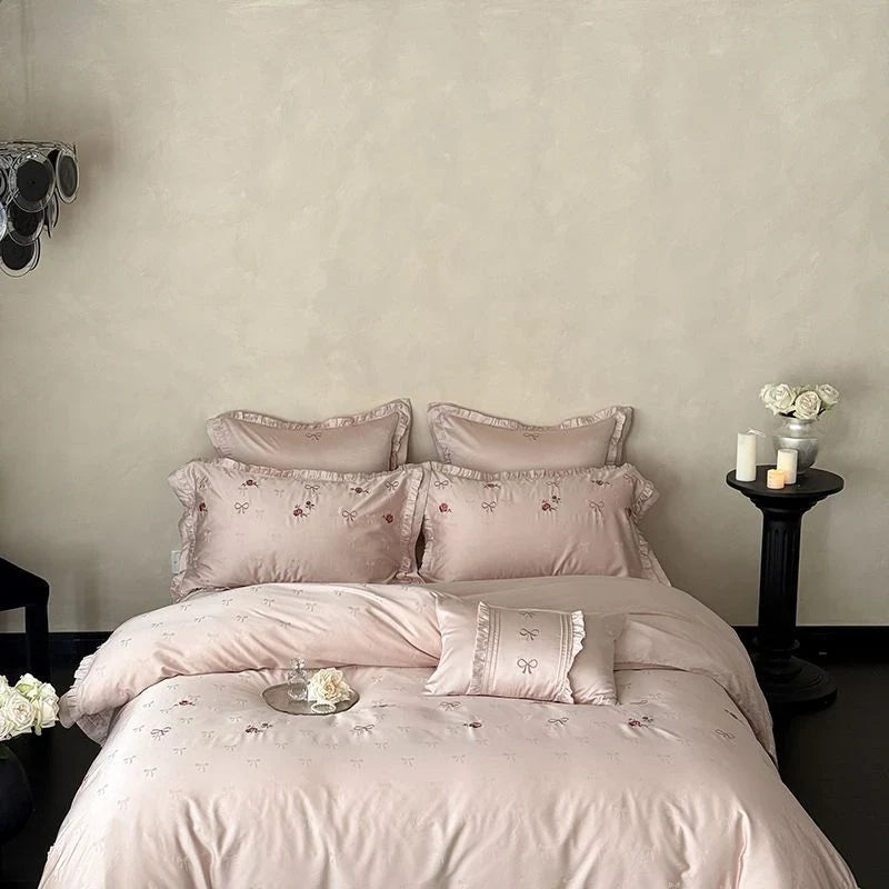 Bedding Set Silky Satin & Floral Embroidery Machine Washable