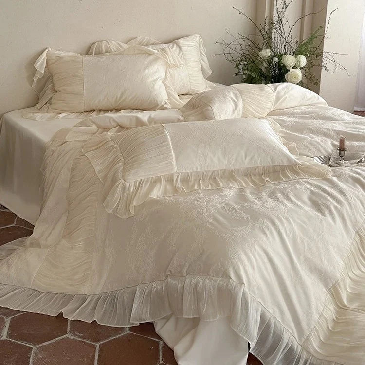 Bedding Set Silky Satin Jacquard Pleated Ruffle 4-Piece
