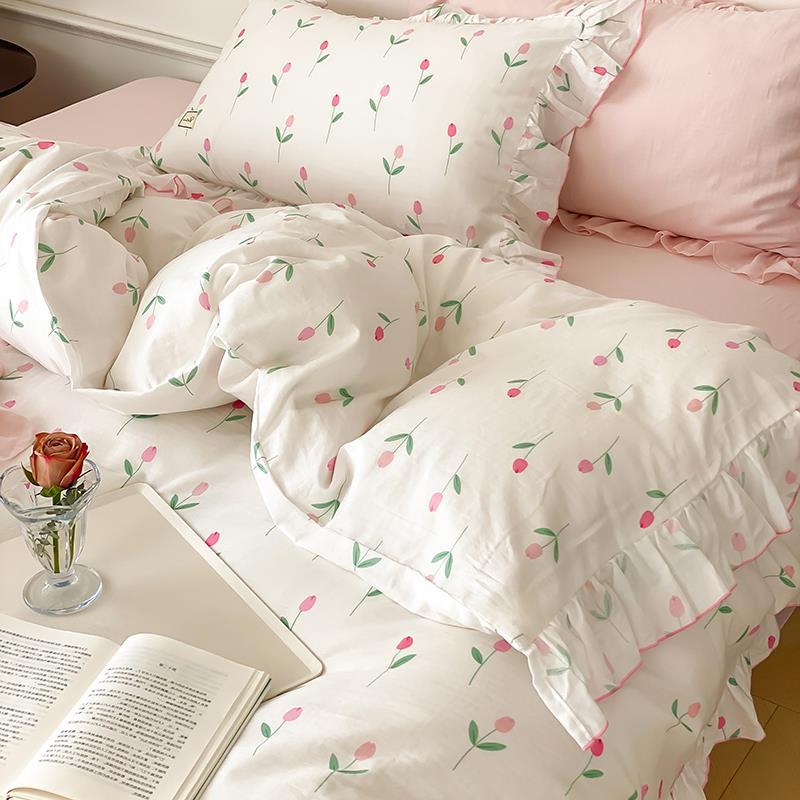 Bedding Set Soft & Breathable Cotton Floral Ruffle Concealed Zipper