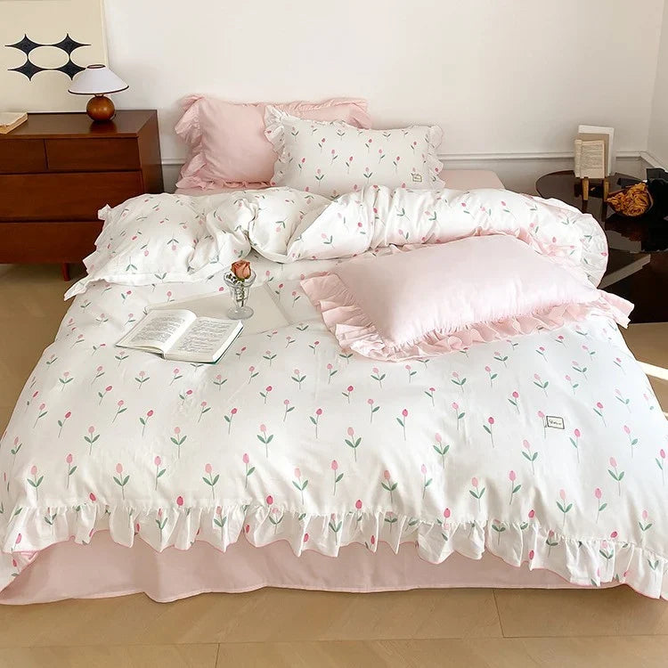 Bedding Set Soft & Breathable Cotton Floral Ruffle Concealed Zipper
