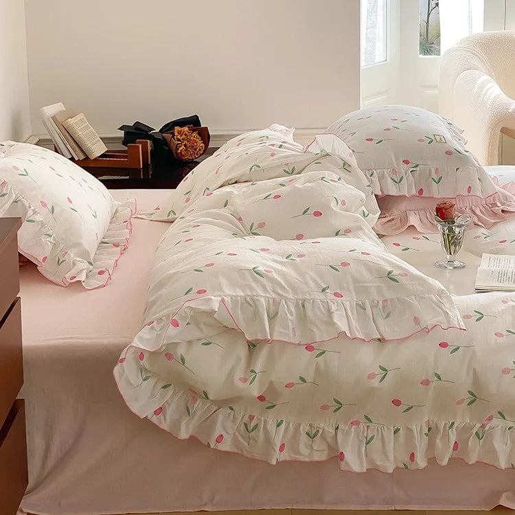 Bedding Set Soft & Breathable Cotton Floral Ruffle Concealed Zipper