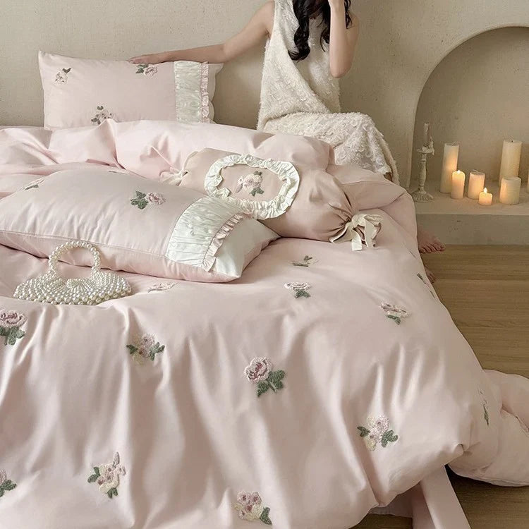 Bedding Set Soft Breathable Cotton & Rose Embroidery