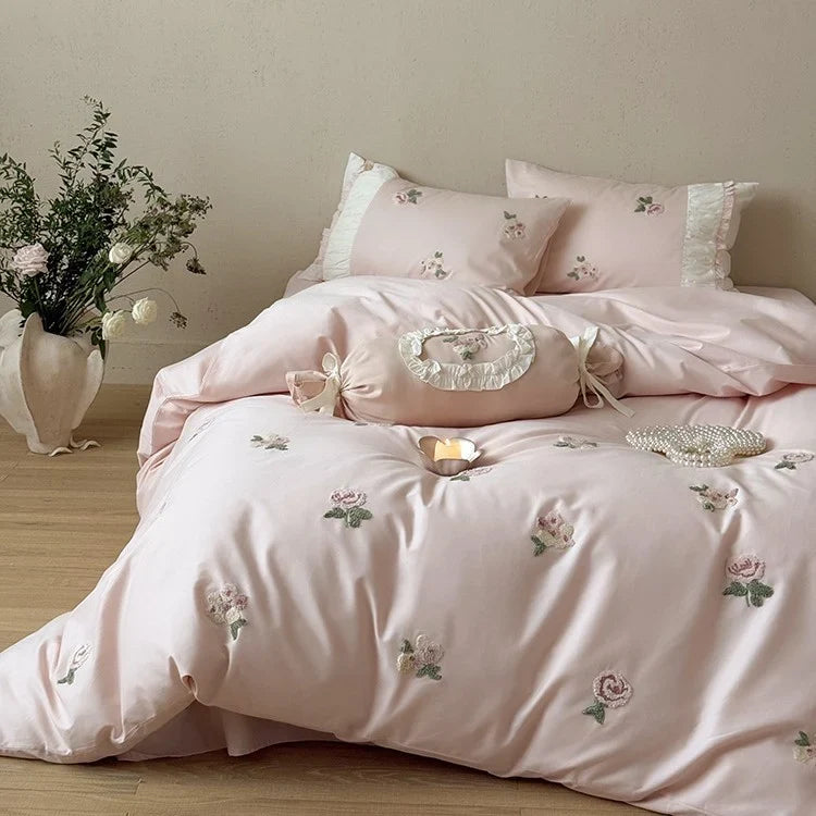 Bedding Set Soft Breathable Cotton & Rose Embroidery