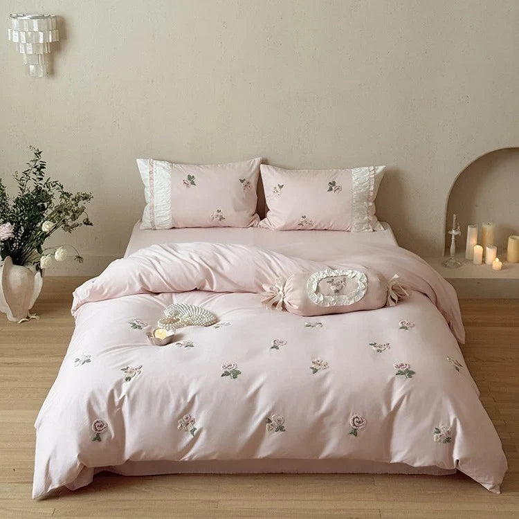 Bedding Set Soft Breathable Cotton & Rose Embroidery