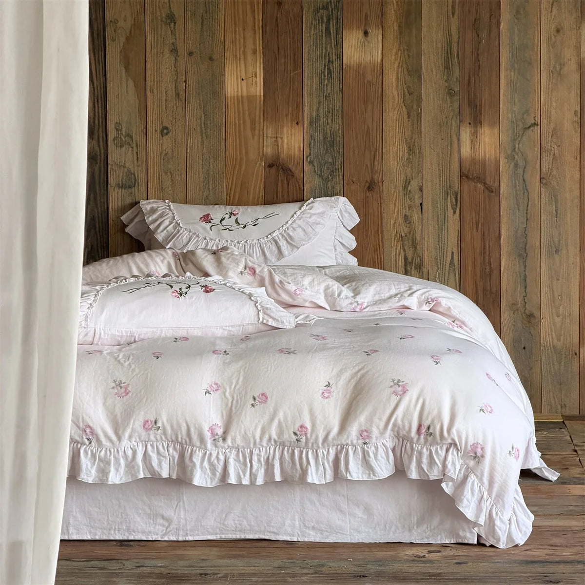 Bedding Set Soft Woven Cotton Rose Embroidery & Ruffle Trim