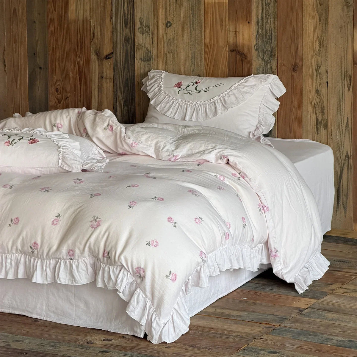 Bedding Set Soft Woven Cotton Rose Embroidery & Ruffle Trim