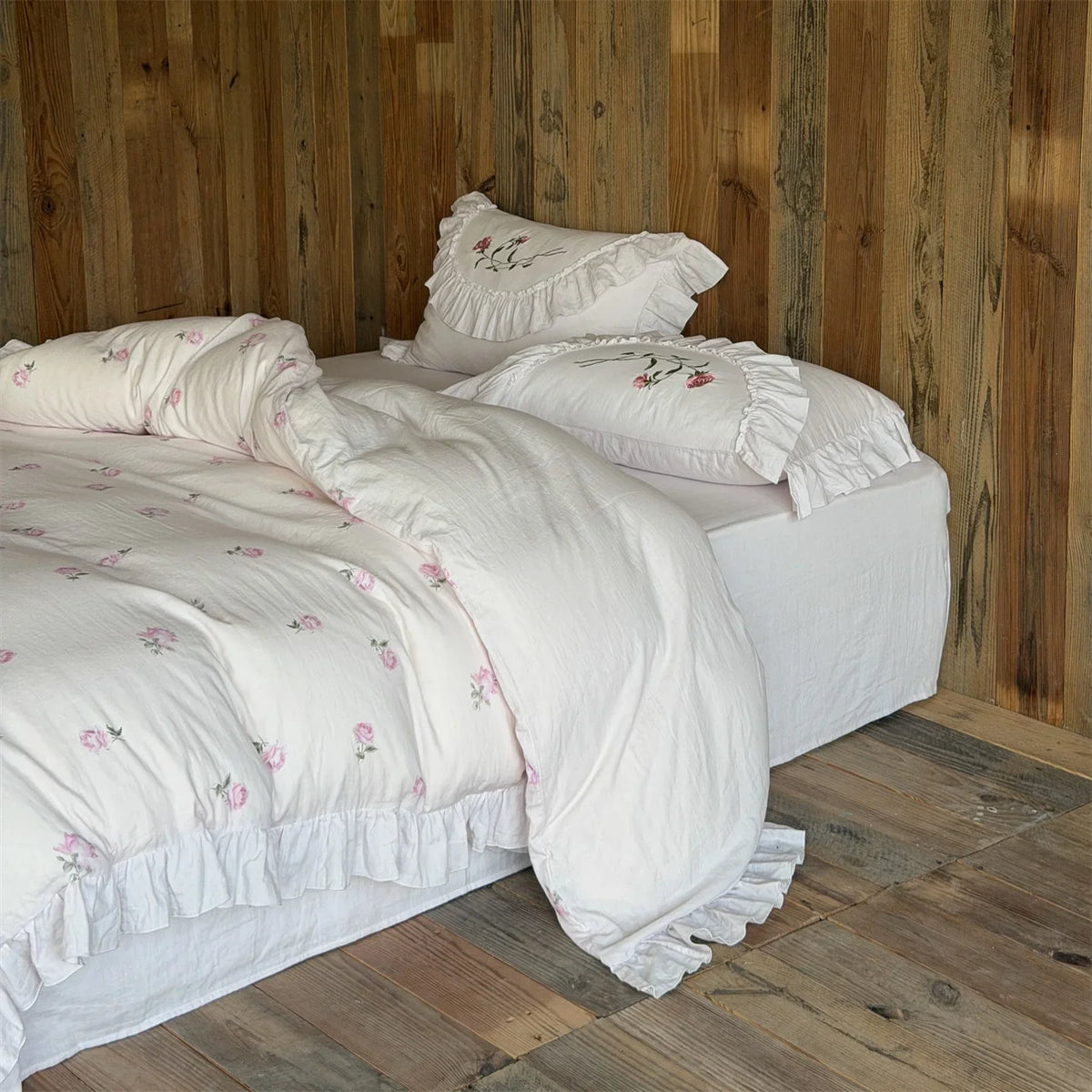 Bedding Set Soft Woven Cotton Rose Embroidery & Ruffle Trim