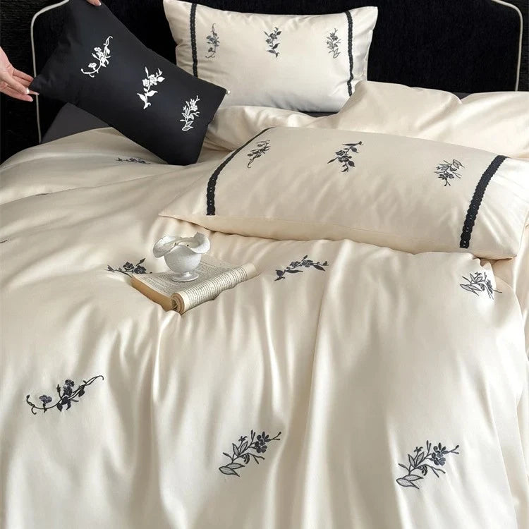 Bedding Set Temperature-Regulating Satin & Floral Embroidery