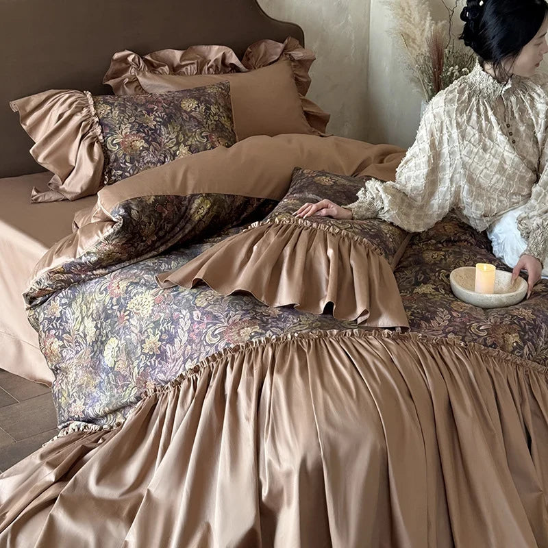 Bedding Set Tonal Floral Jacquard Flounce & Ruffle Trim