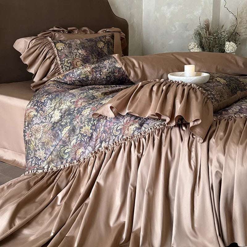 Bedding Set Tonal Floral Jacquard Flounce & Ruffle Trim
