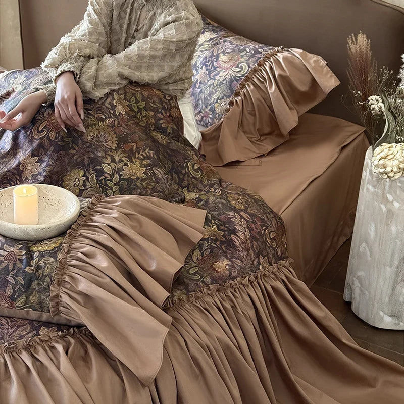Bedding Set Tonal Floral Jacquard Flounce & Ruffle Trim