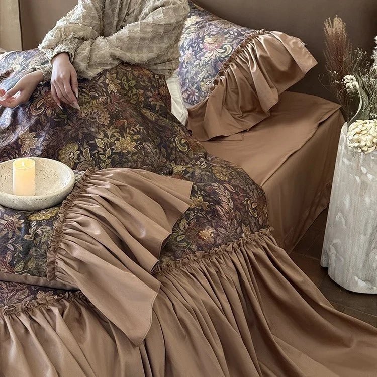 Bedding Set Tonal Floral Jacquard Flounce & Ruffle Trim