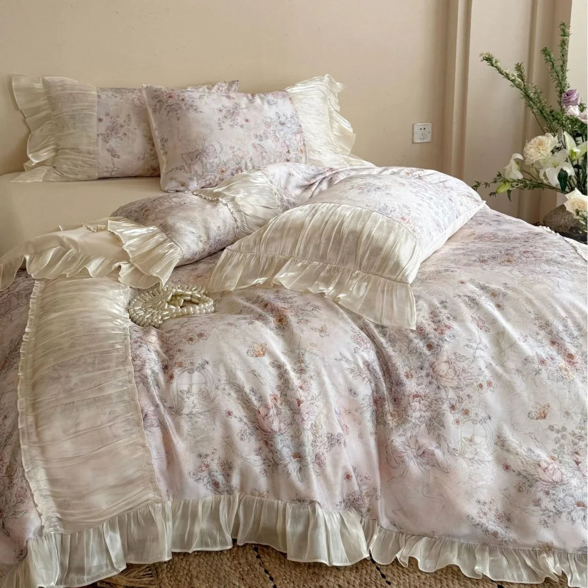 Bedding Set Vintage Floral Cotton Satin Pleated Ruffles 4-Piece